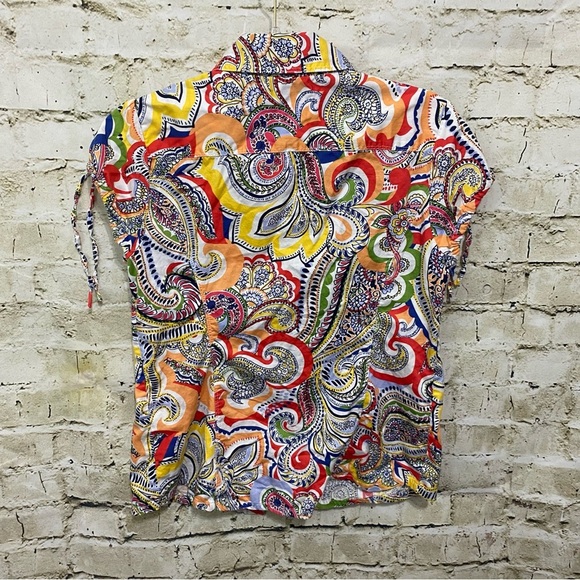 Tommy Hilfiger Blue Orange Paisley Print Tie Cap Sleeve Button Up - Picture 3 of 5